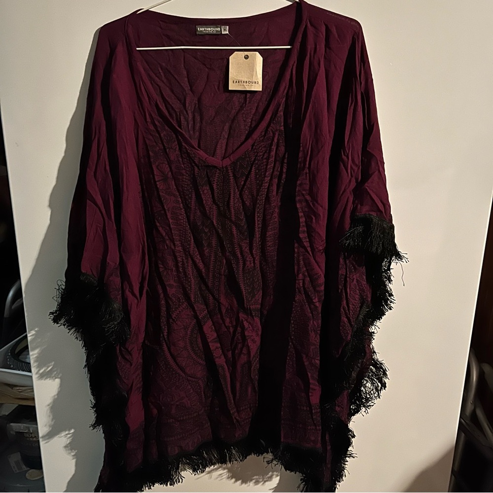 EARTHBOUND Deep Plum Fringe Kimono Shrug